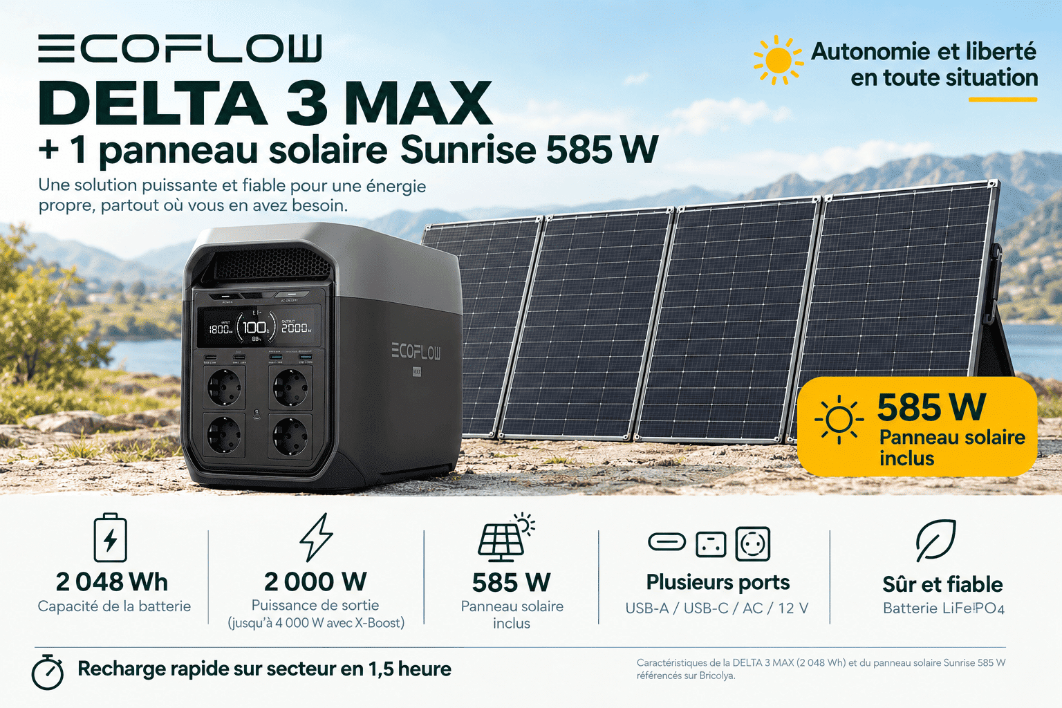 Pack : DELTA 3 MAX + 1 panneau solaire Sunrise 585W rigide